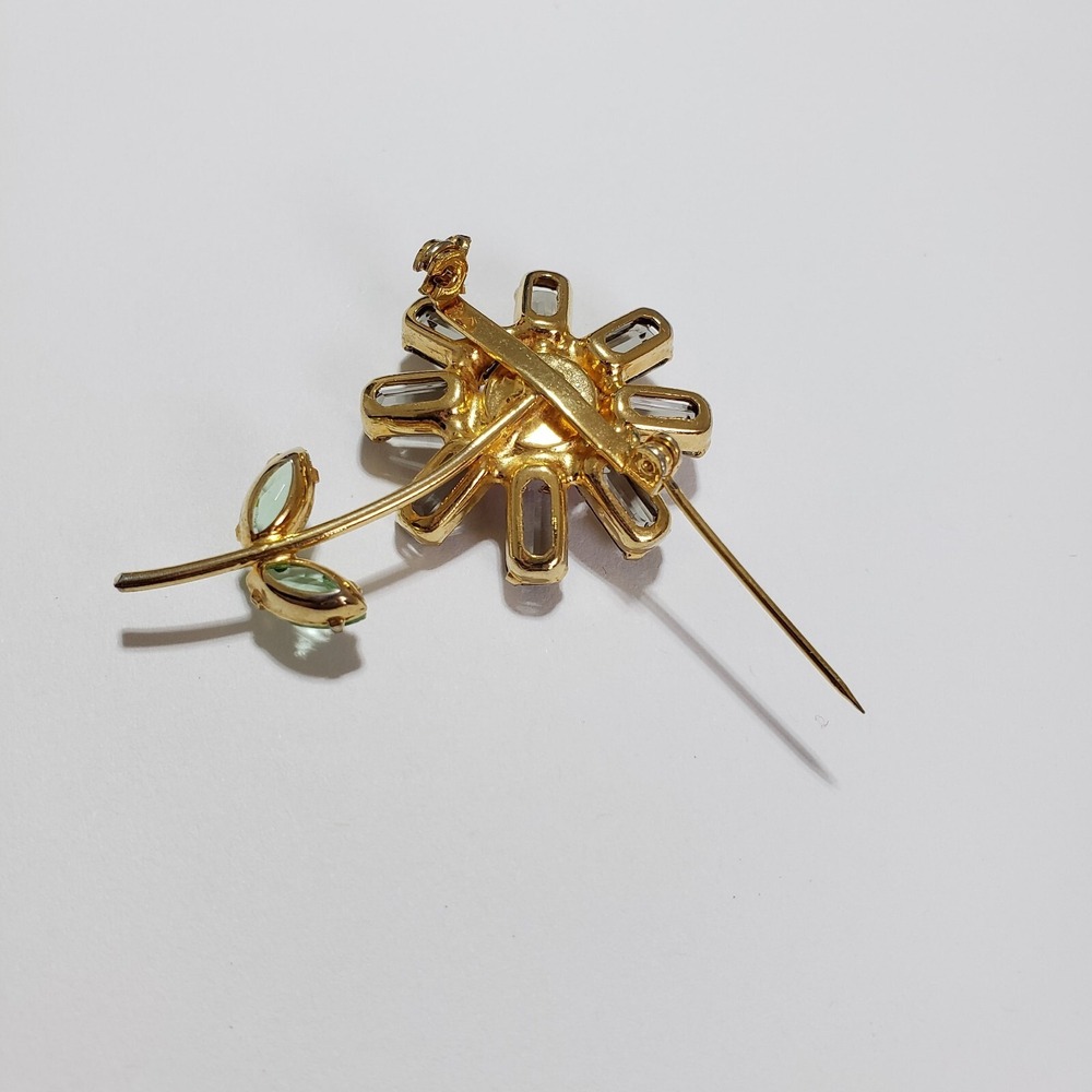 Vintage Pink Daisy Flower Gold Tone Brooch Smoke Rhinestones Unsigned Mid Cent - Picture 7 of 9